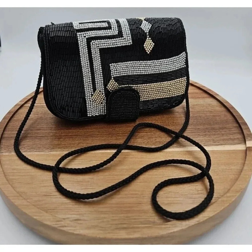 Beaded Black Crossbody Clutch with Silver & Gold Accents